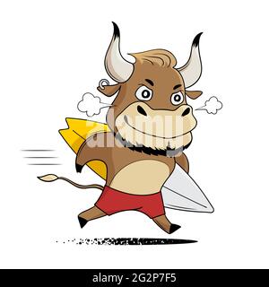 Cartoon bull in esecuzione con tavola da surf. Carino bull gode di vacanze estive. Simbolo di 2021. Illustrazione vettoriale Illustrazione Vettoriale