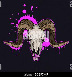 Cranio RAM con vernice rosa gocciolante. Illustrazione vettoriale. Illustrazione Vettoriale