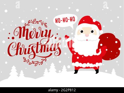 Biglietto d'auguri con carino cartoon Babbo Natale e allegra calligrafia di Natale. Illustrazione Vettoriale