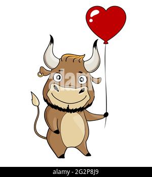 toro fresco con palloncino rosso a forma di cuore. Cartoon simbolo del 2021. Illustrazione vettoriale. Illustrazione Vettoriale