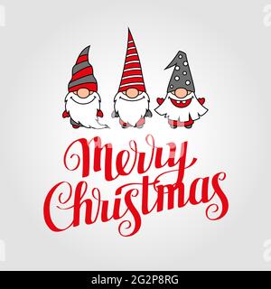 Allegro biglietto di auguri natalizi con calligrafia e gnomi. Illustrazione Vettoriale