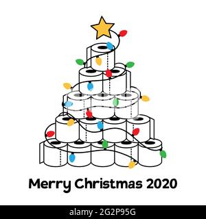 Buon Natale 2020. Biglietto di auguri divertente con carta igienica albero di Natale. Vacanze di quarantena, illustrazione vettoriale Illustrazione Vettoriale
