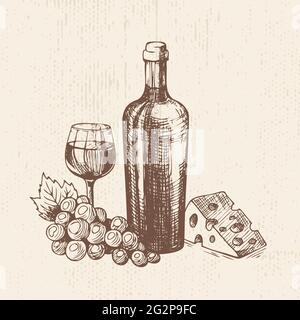 Bottiglia di vino tirata a mano con un bicchiere, un mazzo di uva e un pezzo di formaggio. Disegno vettoriale, illustrazione degli alimenti organici. Illustrazione Vettoriale