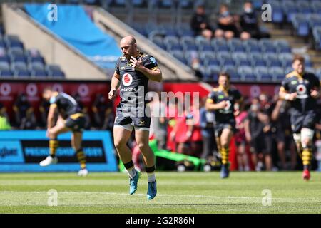 COVENTRY, REGNO UNITO. 12 GIUGNO. DaN Robson of Wasps appare per l'inizio della partita durante la partita della Gallagher Premiership tra London Wasps e Leicester Tigers presso la Ricoh Arena di Coventry sabato 12 giugno 2021. (Credit: James HolyOak | MI News) Credit: MI News & Sport /Alamy Live News Foto Stock