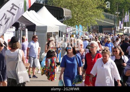 Ardingly, West Sussex, Regno Unito - 12 giugno 2021. Società agricola del sud dell'Inghilterra. Le folle si sono assetate a un affollato spettacolo estivo di campagna in bel tempo caldo per godere di una grande varietà di paese, agricoltura e altre esposizioni, bancarelle ed eventi. Le maschere generalmente non venivano indossate all'esterno, ma erano all'interno, con i tentativi fatti per mantenere le regole sociali di allontanamento nonostante la folla. Credit: Andrew Stehrenberger / Alamy Live News Foto Stock