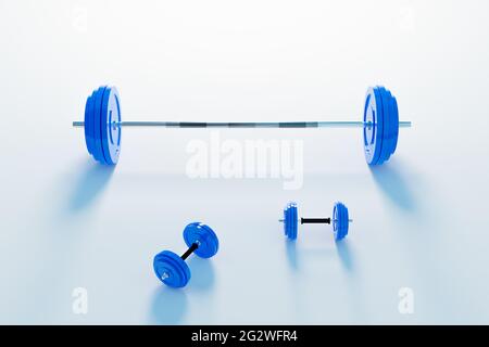 Attrezzature per l'allenamento dei pesi e la costruzione dei muscoli, rendering di illustrazioni 3D con manubri blu Foto Stock
