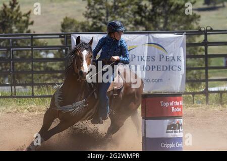 Eventi di rodeo dal rodeo Top of the World 2021, altitudine 9600 metri circa, Cripple Creek Colorado Foto Stock