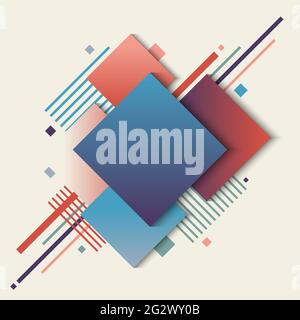 Quadrati geometrici astratti colore del gradiente blu e rosso con linee a strisce elementi su sfondo bianco. Illustrazione vettoriale Illustrazione Vettoriale