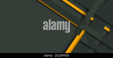 Modello di disegno di fotoricettore del banner strisce geometriche gialle e verdi che si sovrappongono con l'ombra su sfondo scuro. Illustrazione vettoriale Illustrazione Vettoriale