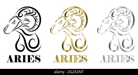 Linea vettore logo della testa di pecora è segno di Aries zodiaco tre albero colore nero oro argento Illustrazione Vettoriale