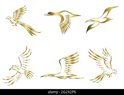 Set di sei immagini vettoriali d'oro di vari uccelli che volano come fagiano gabbiano mallard gru hornbill e macaw buon uso per simbolo mascotte icona avatar Illustrazione Vettoriale