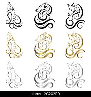Vettore line art del lupo. Può essere usato per fare un logo o oggetti decorativi ci sono tre colori oro nero e argento Illustrazione Vettoriale
