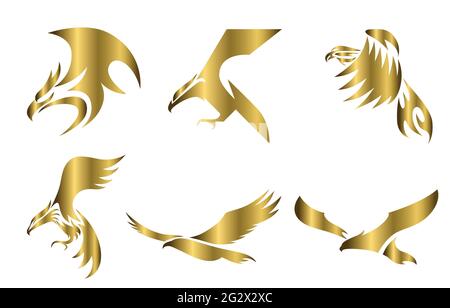 Set di sei linee art oro vettore logo di aquila. Può essere utilizzato come un logo o oggetti decorativi. Illustrazione Vettoriale