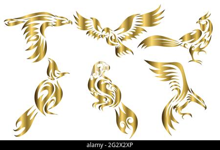 Set di sei immagini vettoriali d'oro di vari uccelli come fagiano falco aquila e bulbul spigot buon uso per avatar icona mascotte simbolo e logo Illustrazione Vettoriale