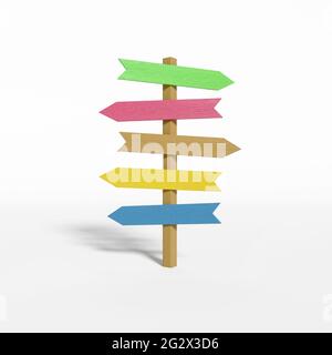 Cartelli in legno che puntano in direzioni diverse. Segnaletica a crocevia. rendering 3d. Foto Stock