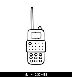Icona del trasmettitore radio portatile disegnato a mano. I bambini disegnano un walkie talkie. Illustrazione vettoriale in stile doodle su sfondo bianco Illustrazione Vettoriale