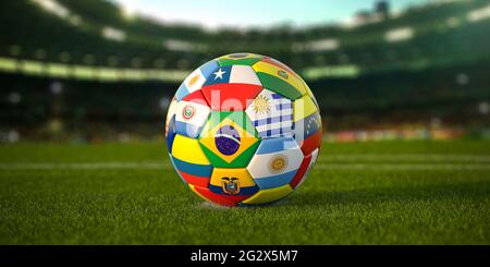 Pallone da calcio con bandiere dei paesi del Sud america sull'erba dello stadio di calcio. Campionato America 2021. illustrazione 3d Foto Stock