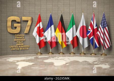 Vertice G7 o concetto di incontro. Fila da bandiere di membri del G7 Gruppo dei sette e l'elenco dei paesi, 3d illustrazione Foto Stock