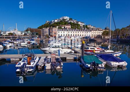 Il lato del porto a Torquay nel Devon crogiola nel sole estivo glorioso e nel cielo blu. Foto Stock