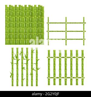 Set recinto di bambù verde con corda, picket da bastoni, parete natura in stile cartone animato isolato su sfondo bianco. Barriera naturale da bastoni, tavole. Illustrazione Vettoriale