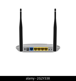 Icona vettoriale realistica sul retro di un router Wi-Fi con due antenne e porte per il collegamento di un cavo Internet. Internet wireless. Illustrazione Vettoriale