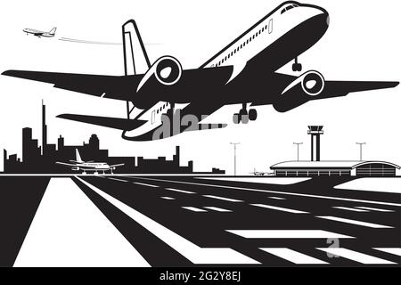 L'aereo passeggeri parte dalla pista all'aeroporto della città Illustrazione Vettoriale