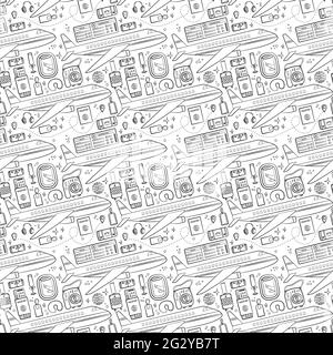 Viaggio e vacanza senza cuciture con elementi da viaggio. Modello senza cuciture per design, poster, sfondi vacanza e tema di viaggio. Piano, biglietto Illustrazione Vettoriale