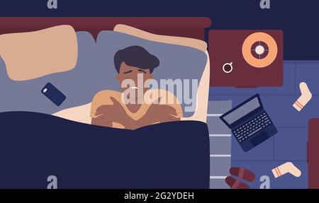 Malato uomo che soffre influenza febbre malattia illustrazione vettore. Cartoon triste ragazzo malato con sintomi di influenza fredda e mal di testa che si posa in letto su cuscino sotto coperta, vista superiore di casa camera da letto sfondo Illustrazione Vettoriale