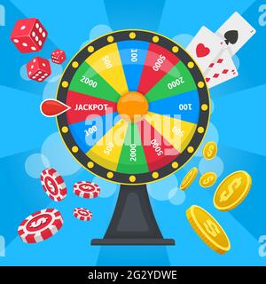Concetto Fortune wheel. Casino fortunata ruota gioco, gioco d'azzardo ruota di fortuna con dadi, carte, e chip vettore di sfondo illustrazione. Filatura della lotteria Illustrazione Vettoriale