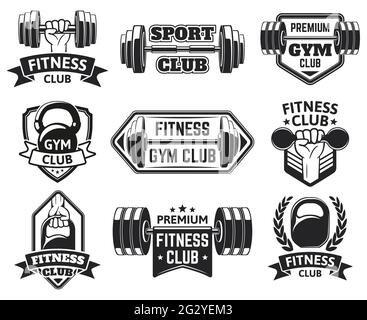 Etichette palestra. Sport, bodybuilding, simboli di attrezzature fitness, badge vintage fitness silhouette vettore illustrazione set. Emblemi delle attrezzature per il benessere Illustrazione Vettoriale