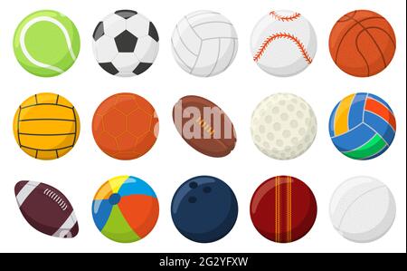 Palle sportive. Calcio, baseball, tennis, bocce e palline da basket, giochi sportivi palloni vettoriali illustrazione set. Attrezzature sportive rotonde Illustrazione Vettoriale