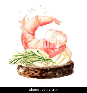 Antipasto per un tavolo festivo. Mini canape con crema e gamberi. Immagine disegnata a mano con acquerello isolata su sfondo bianco Foto Stock