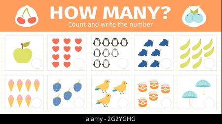 Conteggio matematica gioco bambini. Numeri matematici che contano gioco per bambini, fogli di lavoro di gioco di matematica di bambini insieme di illustrazione vettoriale. Schede matematiche didattiche Illustrazione Vettoriale