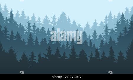 Paesaggio pineta. Evergreen abete rosso albero vista parco, foresta di conifere paesaggio vettore sfondo illustrazione. Natura boschi sempreverdi panorama Illustrazione Vettoriale