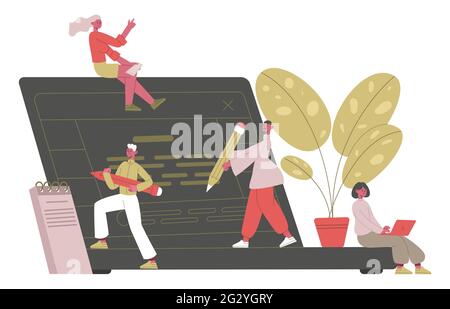Concetto di scrittura creativa. Scrittore, giornalisti o blogger freelance che scrivono testo con illustrazione vettoriale del laptop. Personaggi professionali Illustrazione Vettoriale