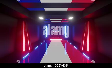 Prospettiva futuristica illustrazione 3d di un corridoio geometrico senza fine con blocchi ripetitivi e luci rosa e blu al neon incandescenti Foto Stock