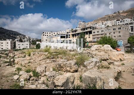 Il Parco Archeologico di Tell Balata è il sito dei resti di un'antica città Canaanita/Israelita situata nella Cisgiordania Palestinese. Foto Stock