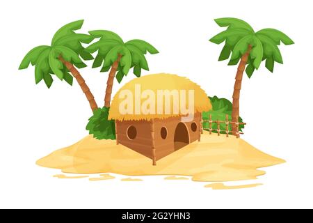 Bungalow sulla spiaggia, capanna tiki con tetto di paglia, bambù e dettagli in legno sulla sabbia in stile cartone animato isolato su sfondo bianco. Costruzione di fantasia, vacanza Illustrazione Vettoriale
