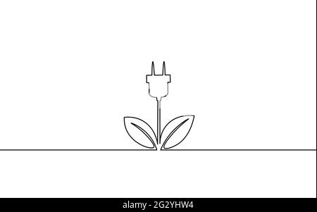 Concetto di spina di energia al neon verde a linea continua. Alimentazione elettrica ricaricabile per un accumulo di energia sostenibile. Ricarica della batteria eco Global Planet Illustrazione Vettoriale