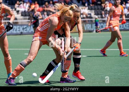 AMSTELVEEN, PAESI BASSI - GIUGNO 13: Margot van Geffen dei Paesi Bassi, Anne Schroeder della Germania durante l'Euro Hockey Championships Femminile Final match tra Paesi Bassi e Germania al Wagener Stadion il 13 giugno 2021 ad Amstelveen, Paesi Bassi (Foto di Jeroen Meuwsen/Orange Pictures) Foto Stock