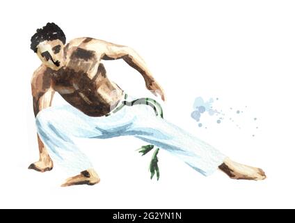 Giovane praticante capoeira, combattendo isolato su sfondo bianco. Concetto di persone, stile di vita e sport. Illustrazione disegnata a mano con acquerello Foto Stock