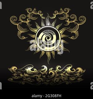 Illustrazione esoterica delle nuvole del sole e delle onde del mare isolate su sfondo nero. Illustrazione vettoriale. Illustrazione Vettoriale