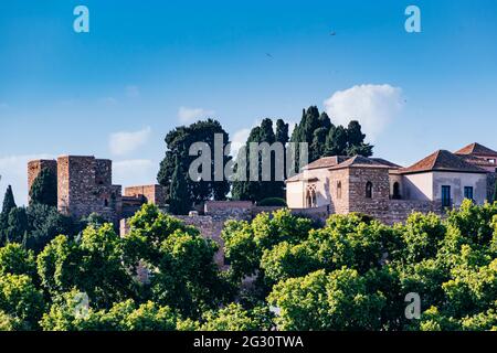 Vista parziale dell'Alcazaba di Málaga e del Monte Gibralfaro. L'Alcazaba è una fortificazione sontuosa di Málaga. Fu costruito dalla dinastia Hammudid Foto Stock