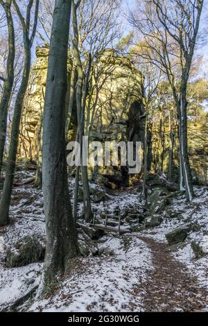 Paesaggio invernale in foresta con formazione rocciosa in luce solare dorata alla sera d'inverno a Mullerthal, Lussemburgo Foto Stock