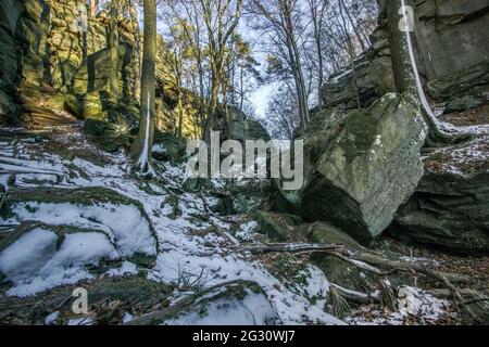 Paesaggio invernale in foresta con formazione rocciosa in luce solare dorata alla sera d'inverno a Mullerthal, Lussemburgo Foto Stock