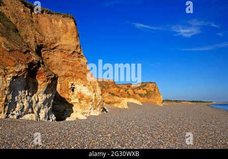 Una vista lungo la spiaggia e le scogliere verso Cley Next il mare sulla costa nord del Norfolk da Weybourne, Norfolk, Inghilterra, Regno Unito. Foto Stock