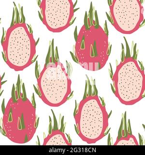 Cartone animato drago frutta estate frutta senza cuciture motivo sfondo. Carino dolce pitaya cibo fresco natura bambini carta da parati design. Illustrazione grafica della stampa vettoriale. Illustrazione Vettoriale