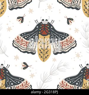 Boho Butterfly modello senza giunture su sfondo bianco. Illustrazione della carta da parati Summer Moth. Retrò vintage moda ornamento natura disegnato a mano. Illustrazione Vettoriale