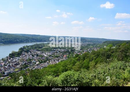 Vista ad alto angolo sulla valle del Reno tra Erpel e Remagen Foto Stock