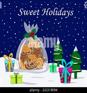 Illustrazione festosa con biscotti allo zenzero, alberi di Natale e regali. Illustrazione Vettoriale